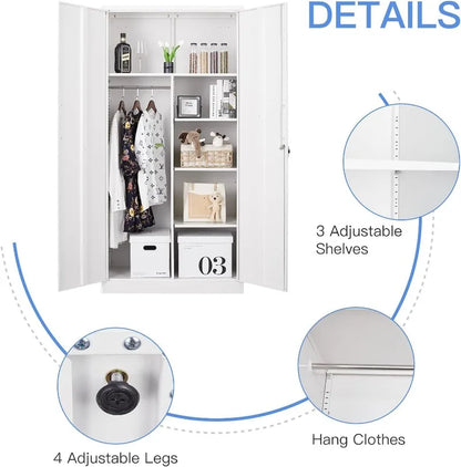 Lockable Metal Storage Cabinet with Adjustable Shelves, Garage & Office Use