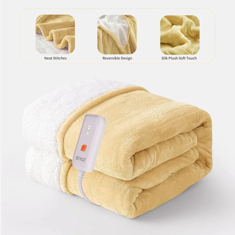 Electric Heated Blanket 50''x60'' Soft Plush, 4 Heat Levels, 3-Hour Auto Off