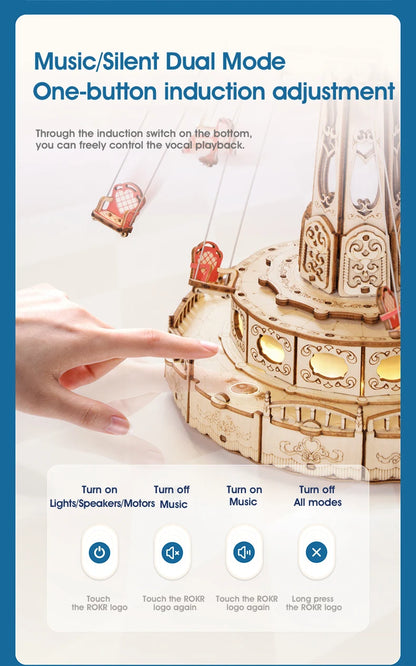 DIY Swing Ride Music Box, 3D Wooden Puzzle Amusement Park Toy for Kids & Adults