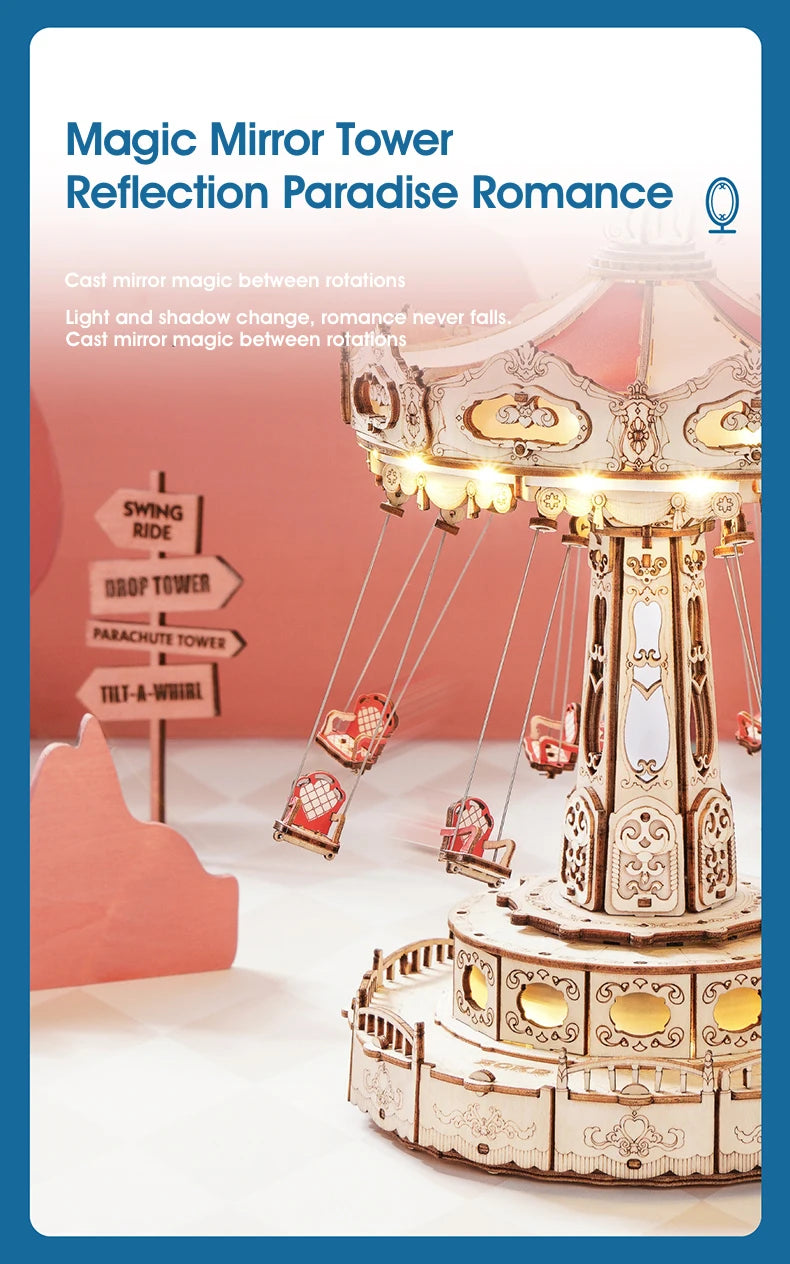 DIY Swing Ride Music Box, 3D Wooden Puzzle Amusement Park Toy for Kids & Adults