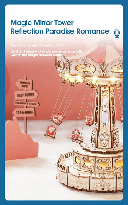 DIY Swing Ride Music Box, 3D Wooden Puzzle Amusement Park Toy for Kids & Adults