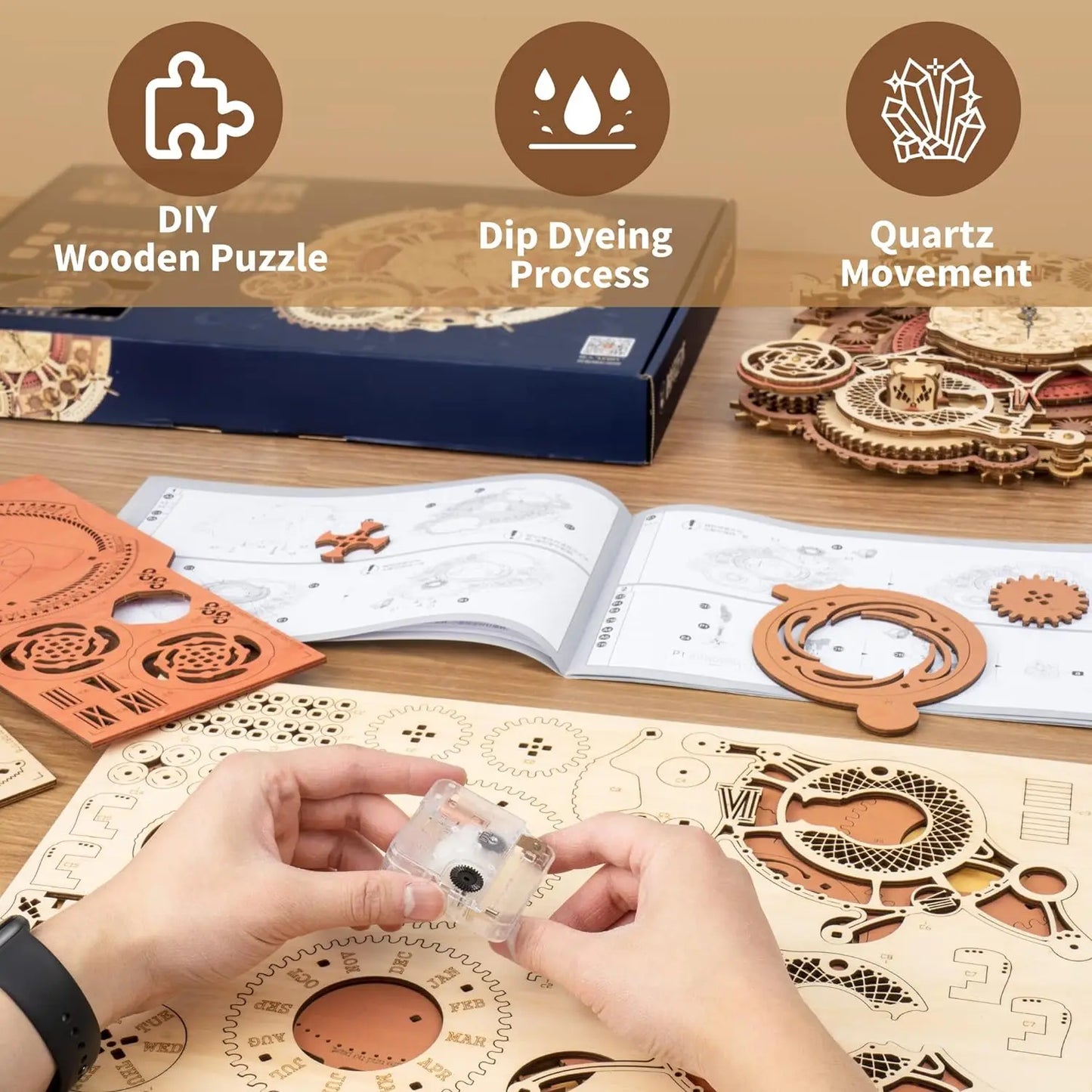 3D Wooden Steampunk Clock Kit, DIY Mechanical Wall Clock with Quartz Movement
