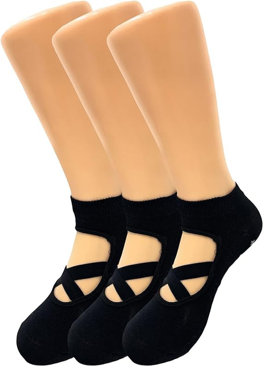 Women's Non-Slip Grip Yoga Socks with Straps, 3 Pairs for Pilates and Studio Workouts, Size 5-7