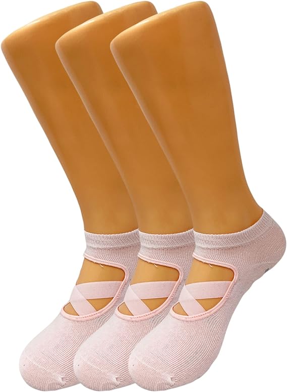 Women's Non-Slip Grip Yoga Socks with Straps, 3 Pairs for Pilates and Studio Workouts, Size 5-7
