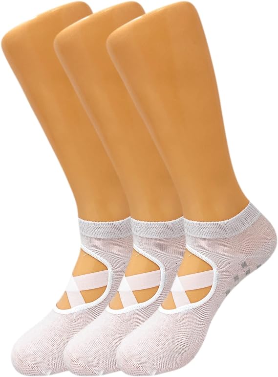 Women's Non-Slip Grip Yoga Socks with Straps, 3 Pairs for Pilates and Studio Workouts, Size 5-7