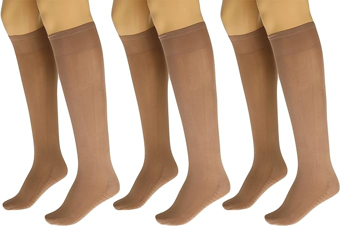 3 Pairs Women's Massage Nylon Sheer Knee High Stockings with Reinforced Toe